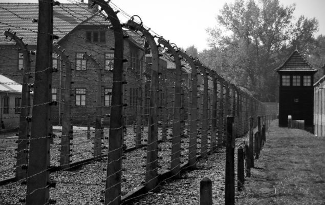 En bild av stängsel och byggnader vid Auschwitz birkenau.